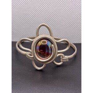 Handcrafted VTG Silver Wire Bracelet With Iridescent Purple Glass Stone Flower